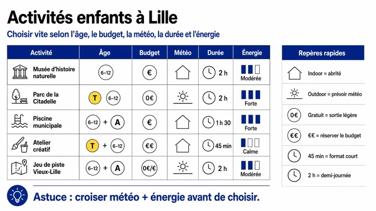 Activités enfants lille : infographie comparative des critères âge, budget, météo et durée