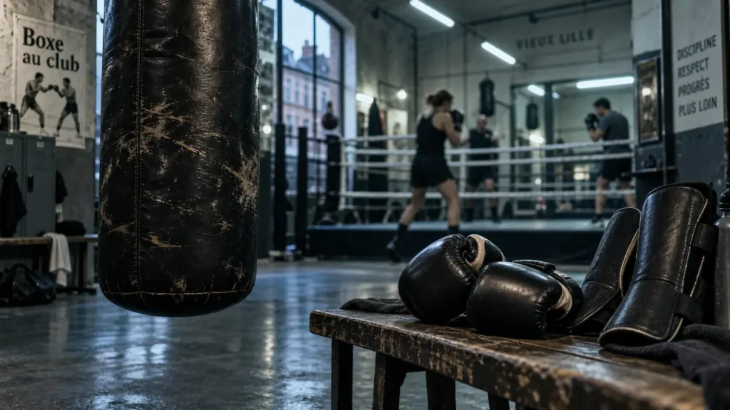 Apollo Sporting Club Lille 59 Vieux Lille : sac de frappe et gants en salle de boxe