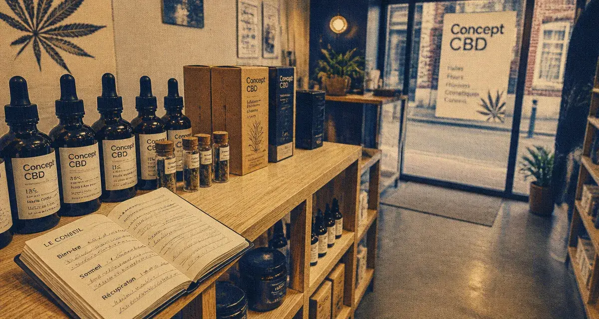 Concept cbd Lomme Lille : boutique CBD intérieure, flacons et vitrine