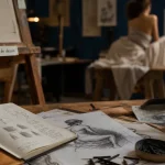 Cours de dessin Lille en atelier : table de croquis, graphite et fusain