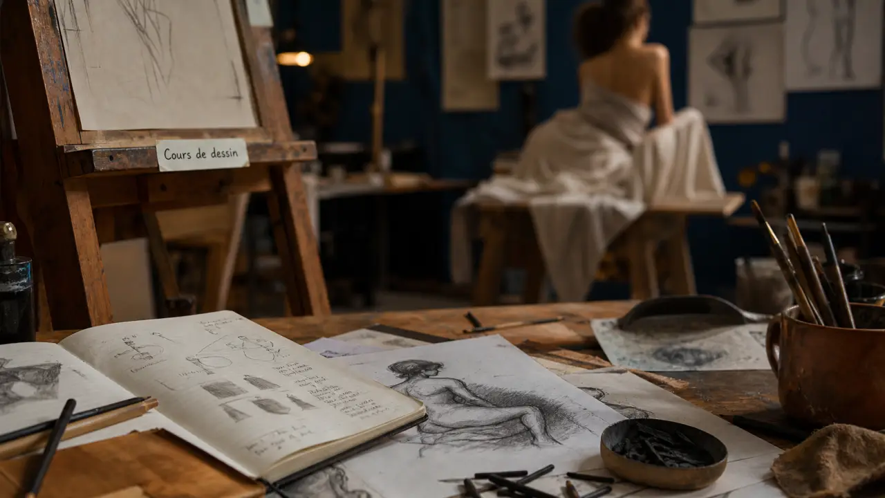 Cours de dessin Lille en atelier : table de croquis, graphite et fusain