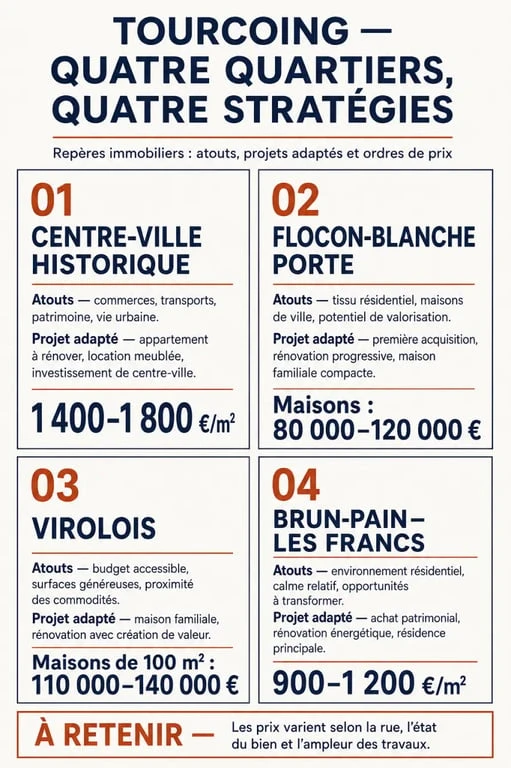 Infographie comparative des quartiers Tourcoing et de leurs profils immobiliers