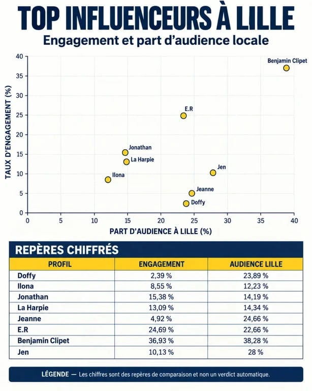 Infographie des top influenceurs à Lille selon l'engagement et l'audience locale