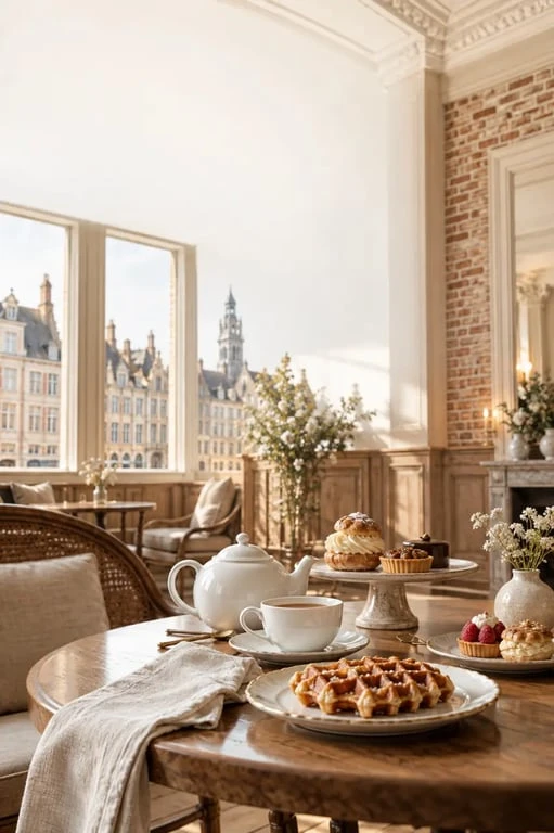 Salon de thé à Lille avec théière, gaufre et pâtisseries dans une ambiance chaleureuse