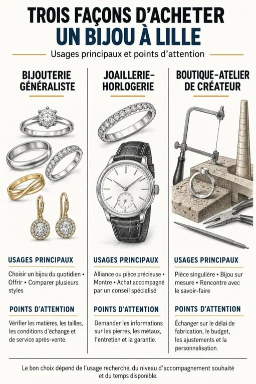 Bijouterie à Lille : comparaison entre bijouterie généraliste, joaillerie et boutique-atelier