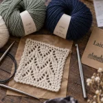 Laine Lille : pelotes et accessoires de tricot sur une table de boutique