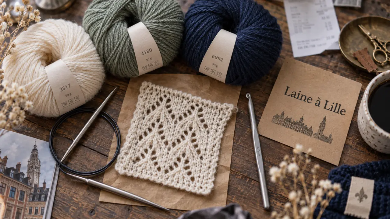 Laine Lille : pelotes et accessoires de tricot sur une table de boutique