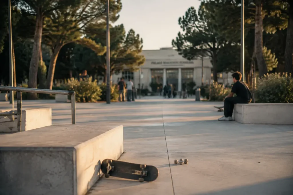 Place des artisans lille : parvis arboré, bancs béton et skate sur le sol