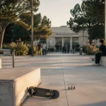Place des artisans lille : parvis arboré, bancs béton et skate sur le sol