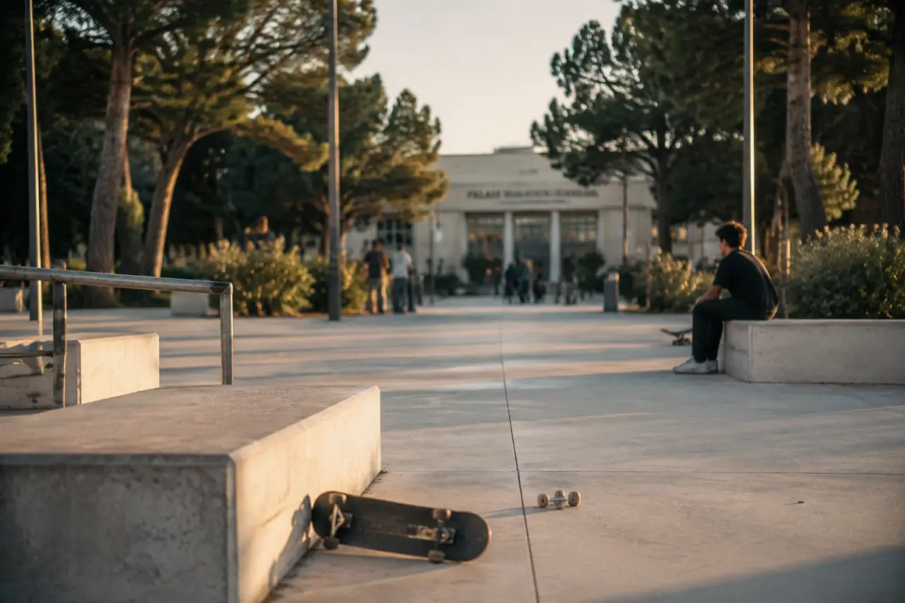 Place des artisans lille : parvis arboré, bancs béton et skate sur le sol