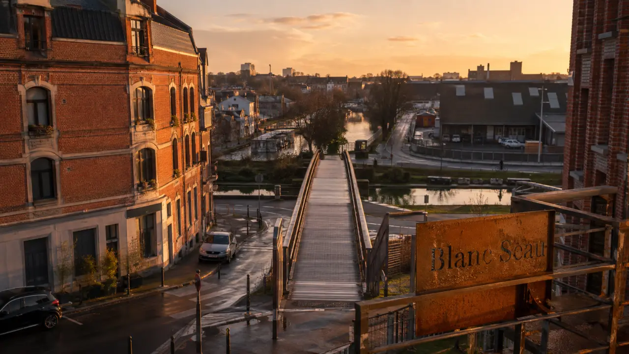 Vue du quartier blanc seau à Tourcoing au coucher du soleil, pont piéton et canal de Roubaix