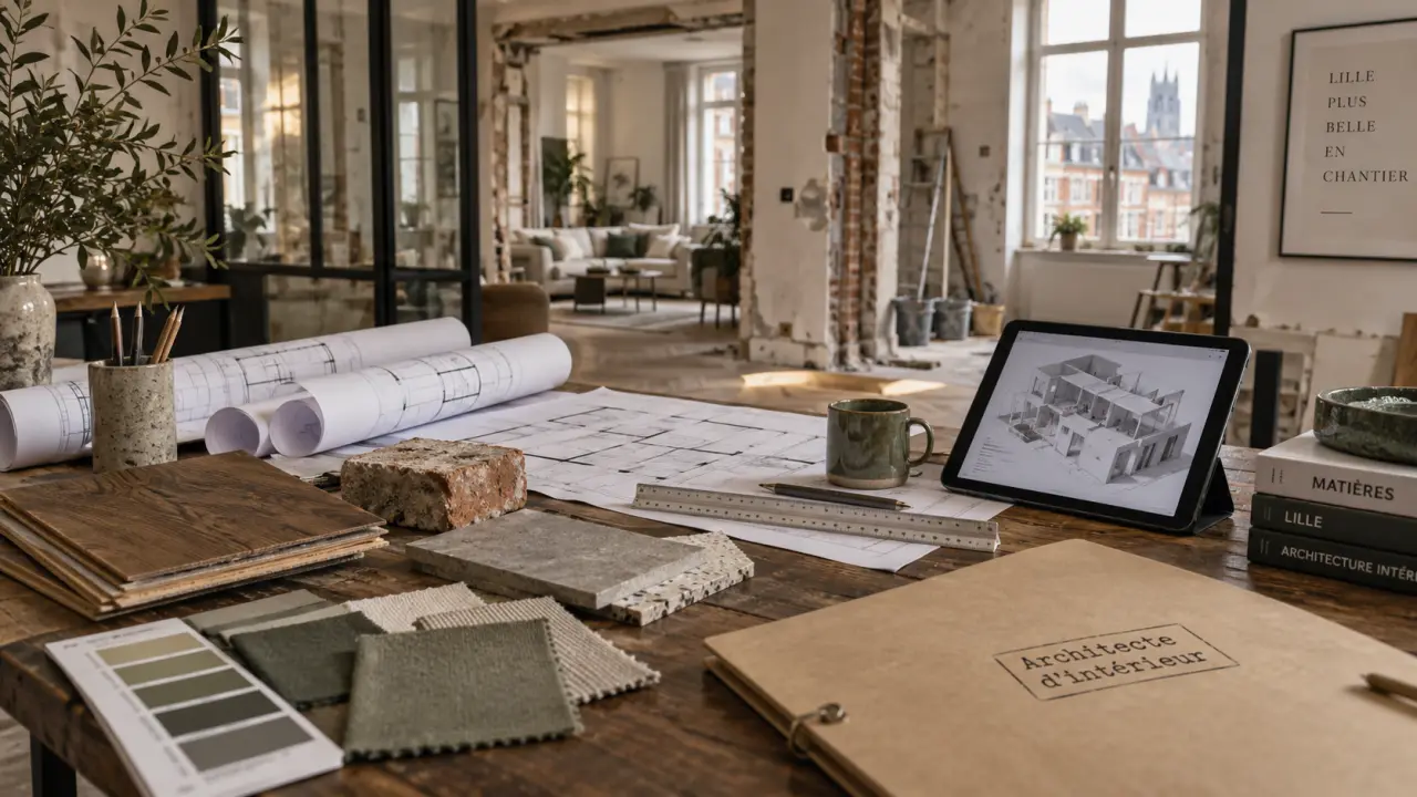 Architecture d'intérieur Lille : salon en rénovation avec plans et chantier