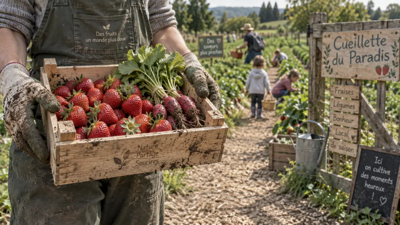 Cueillette Seclin : mains gantées cueillant des fraises à la Ferme du Paradis