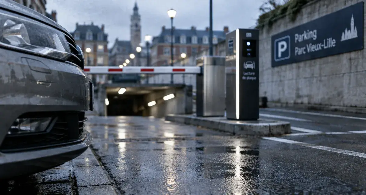Entrée parking indigo lille vieux lille, lecteur de plaque et panneau Parc Vieux-Lille